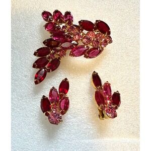 Juliana Red & Pink Rhinestone Pin and Earrings Set